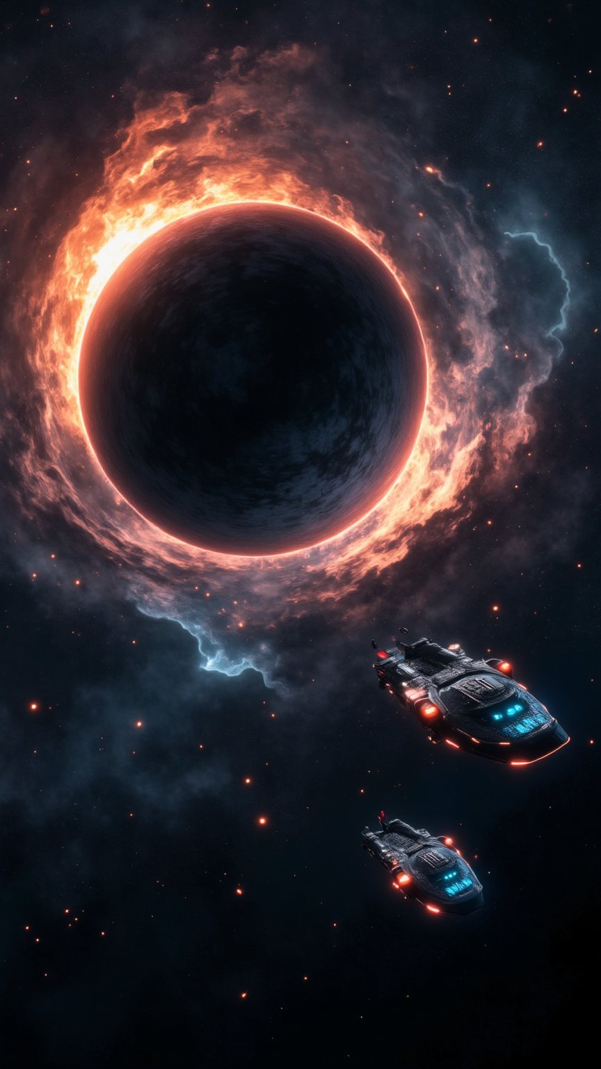 ultrarealistic ufo starship fleet entering realistic black hole vortex8k resolution,sharp focus,