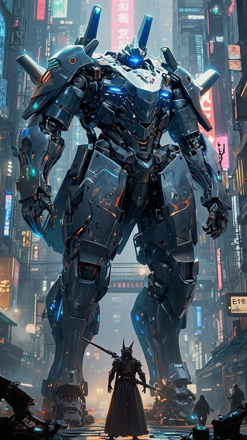 A futuristic cyberpunk warrior robot, massive in size, with a towering presence that dwarfs human figures. The cityscape behind it is a labyrinth of neon-lit skyscrapers and holographic advertisements, with humans scurrying about like ants in comparison. The robot's mechanical limbs and glowing blue optics seem to pierce through the smog-filled air as it stands victorious amidst the urban chaos.,FuturEvoLabNinja,FuturEvoLabMecha