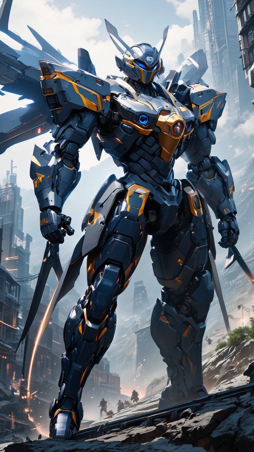 A futuristic cyberpunk warrior robot, massive in size bigger than buildings, with a towering presence that dwarfs human figures. At Battlefields around montains , with humans soldier scurrying about like ants in comparison. The robot's body colored dark blue painted white and shining gold around the body, with wings spread on it shoulder gundam wing style, mechanical limbs circle rotor nuclear reactor in the chest and glowing blue optics seem to pierce through the smog-filled air as it stands victorious amidst the montain battlefield, slim feet, hold giant saber on hand, no tail.,FuturEvoLabNinja,FuturEvoLabMecha,epic mecha