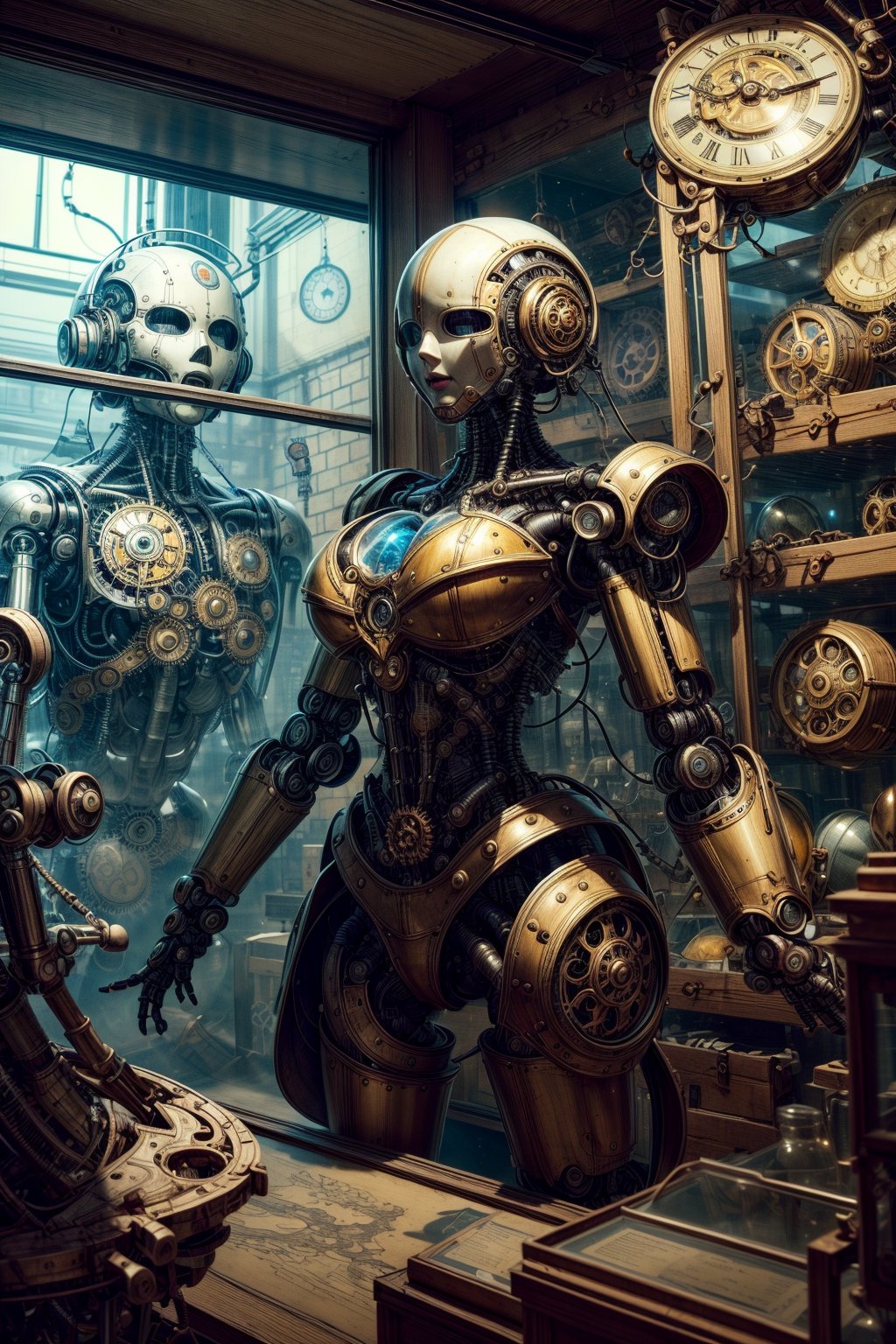 
masterpiece, high resolution, best quality, lighted giant clockwork battle android 2B, silhouette, in glass case, in a darkened museum of science, chaotic store room full of old robots, draped glass cases, Victorian steampunk technology,

