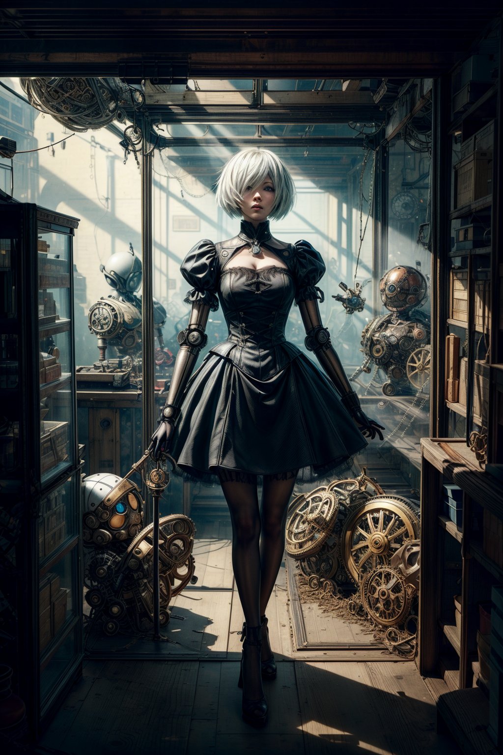 
masterpeice, high resolution, best quality, 


lighted giant clockwork yorha 2b , silhouette, 


in glass case, in a darkened museum of science, 


chaotic store room full of old robots, draped glass cases, 

