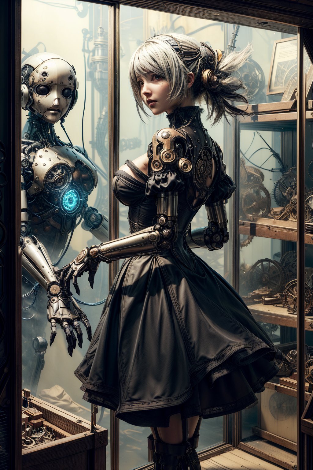 
masterpiece, high resolution, best quality, 

lighted giant clockwork NieR Automata Yorha Type A2 ((A2)), , silhouette, 

in glass case, in a darkened museum of science, 

chaotic store room full of old robots, draped glass cases, 


