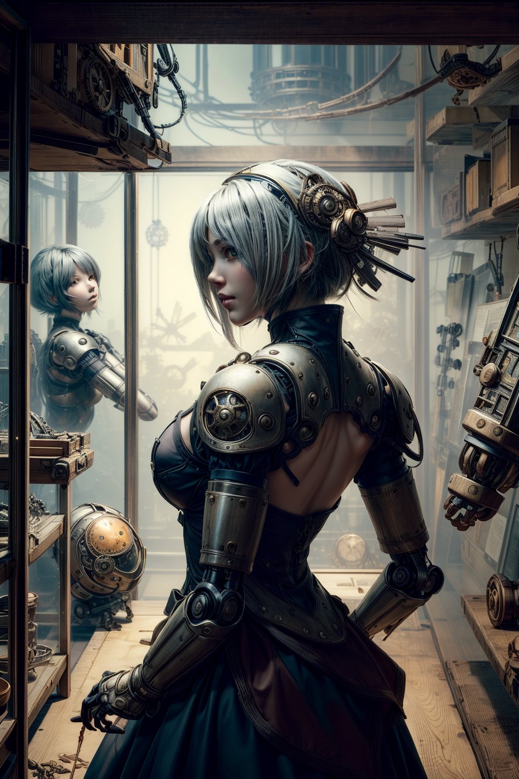 masterpiece, high resolution, best quality, 

lighted giant clockwork NieR Automata Yorha Type 2B ((2B)), , silhouette, 

in glass case, in a darkened museum of science, 

chaotic store room full of old robots, draped glass cases, 
