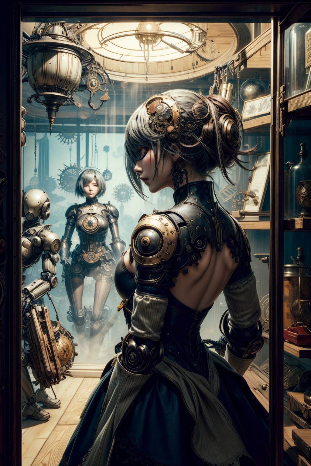 masterpiece, high resolution, best quality, 

lighted giant clockwork NieR Automata Yorha Type 2B ((2B)), , silhouette, 

in glass case, in a darkened museum of science, 

chaotic store room full of old robots, draped glass cases, 
