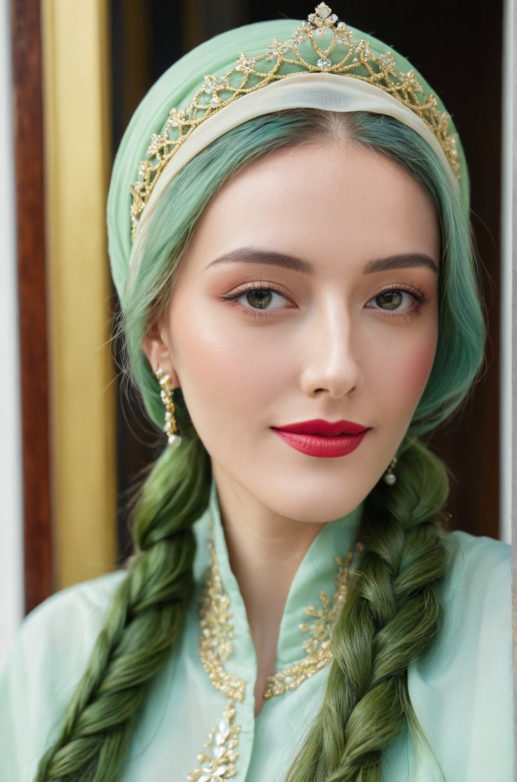 (ultra realistic,best quality),photorealistic,Extremely Realistic, in depth, cinematic light,hubggirl,

(masterpiece, best quality), High detailed, picture perfect face, blush, freckles, beautiful face, supermodel, colorful, (light green hair,multicolored hair), long hair,braids, side bun, golden tiara,perfectly textured skin,blue eyes,iridescent eyes, (perfect female body), (thic lips, broad lips), alluring, charming, beautiful, cute, tomboy, lipgloss, makeup,gold and gem earrings,Black top,thin fabric,a girl who is wearing traditional Muslim clothing(hijab),hijab,smile,smiling