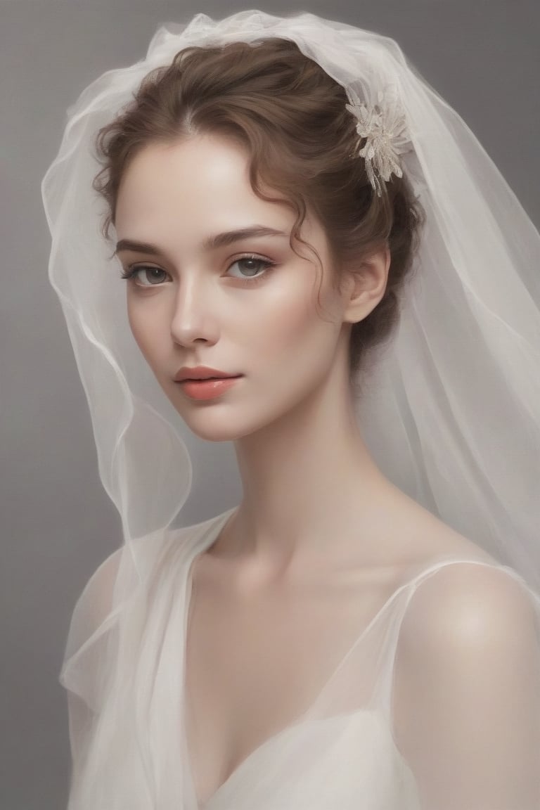 A stunning minimalistic digital illustration of a woman as a profile picture sketch with her curly, wavy hair falling gracefully over her shoulders and framing her face. She wears a delicate veil on her head, exuding sophistication and elegance. Her gentle smile radiates warmth and charm, and her enigmatic eyes captivate the viewer. Light, ethereal strokes create depth and dimension, while the subtle texture of the background enhances the subject's presence, making it the focal point of the work.Signed by the artist in beautiful "Fantomas" text. This piece would be perfect for a fashion poster or painting, capturing the essence of grace and charm., poster, fashion, painting























