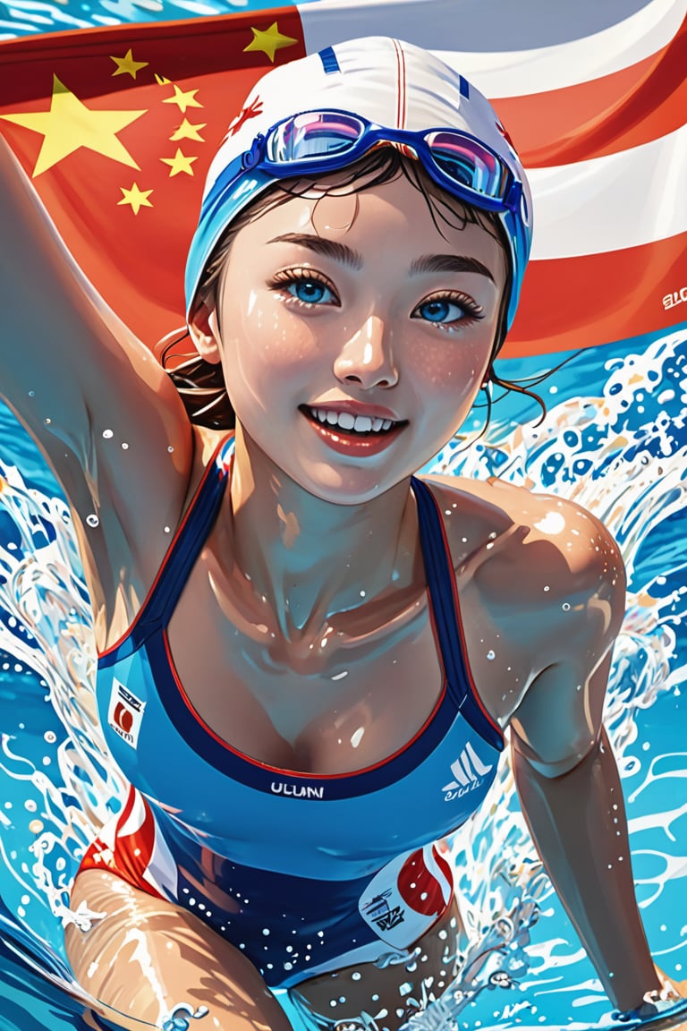 detailed illustration, dynamic angle, ultra-detailed, illustration, 1girl, china flag swimsuit, thin swimsuit, medium breasts, swiming at olympic, paris olympic competition,  swim hat, light blue eyes, bright eyes, swimming pool, swimming, racing, swim lanes, competitive swimming, splashes, laying in the water, arms moving