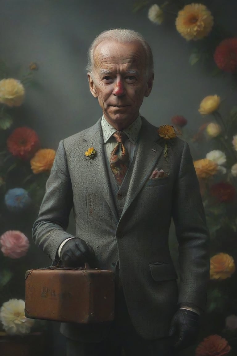 Create an image of a detailed Joe Biden with clown face figure , dressed in vibrant colors including green, yellow, black, and multicolored patterns. Include red hair, an orange scarf, white gloves, oversized shoes, and accessorize with a small top hat decorated with flowers. The  Joe Biden should be carrying a brown suitcase marked with a blue 'X'. Set against a grey textured backdrop that resembles studio fabric.
