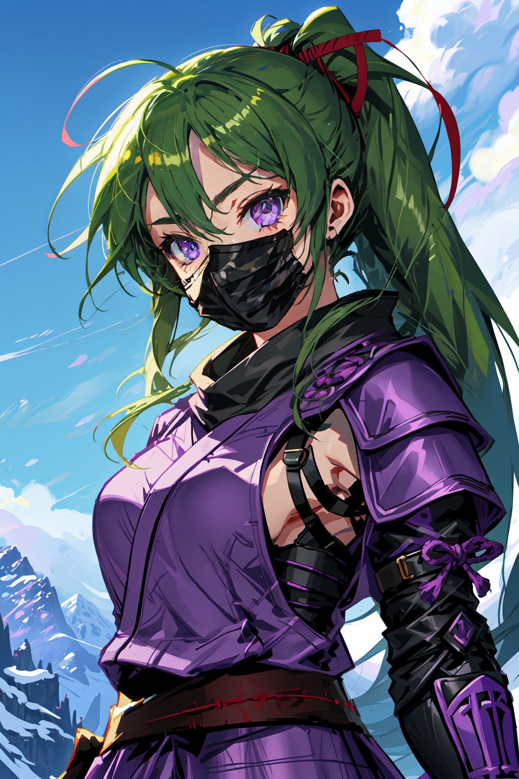 a ninja girl, long green hair, purple eyes, Kuki Shinobu from genshin impact, shinobi girl, shinobi armor, (genshin impact), (vison electro), she ties her hair with a red rope, (((face mask))), black face mask, in a mountain, high quality, high resolution, high precision, realism, color correction, proper lighting settings, harmonious composition, girl, ancient ninja clothes, purple clothes with black,