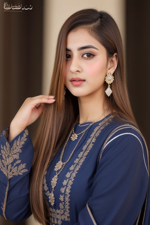 (full body picture, masterpiece, best quality, highres), 1girl, looking at viewer, real picture, perfect face, big black eyes, realistic face, sharp face details, straight hairs, wearing blue traditional pakistani dress, earings, , necklace, 
