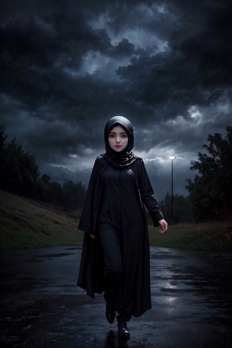 an irani hijabi girl, high quality, high resolution, high precision, realism, color correction, suitable lighting settings, harmonious composition, DARK CLOUDS AT the background, light rain, raining, UHD natural dark clouds background, full view, full_body, full-body_portrait,