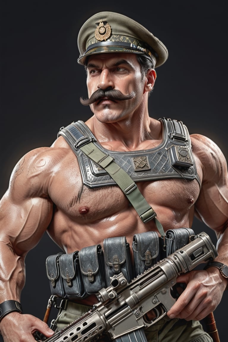 , A muscular man with moustache, warrior. with a machine gun in his hand, wearing army uniform,studio photo, intricate details, highly detailed,  XL, hyper detailed, realistic, oil painting,cinematic lighting, ultra hd, realistic, vivid colors, highly detailed, UHD drawing, pen and ink, perfect composition, beautiful detailed intricate insanely detailed octane render trending on artstation, 8k artistic photography, photorealistic concept art, soft natural volumetric cinematic perfect light, 