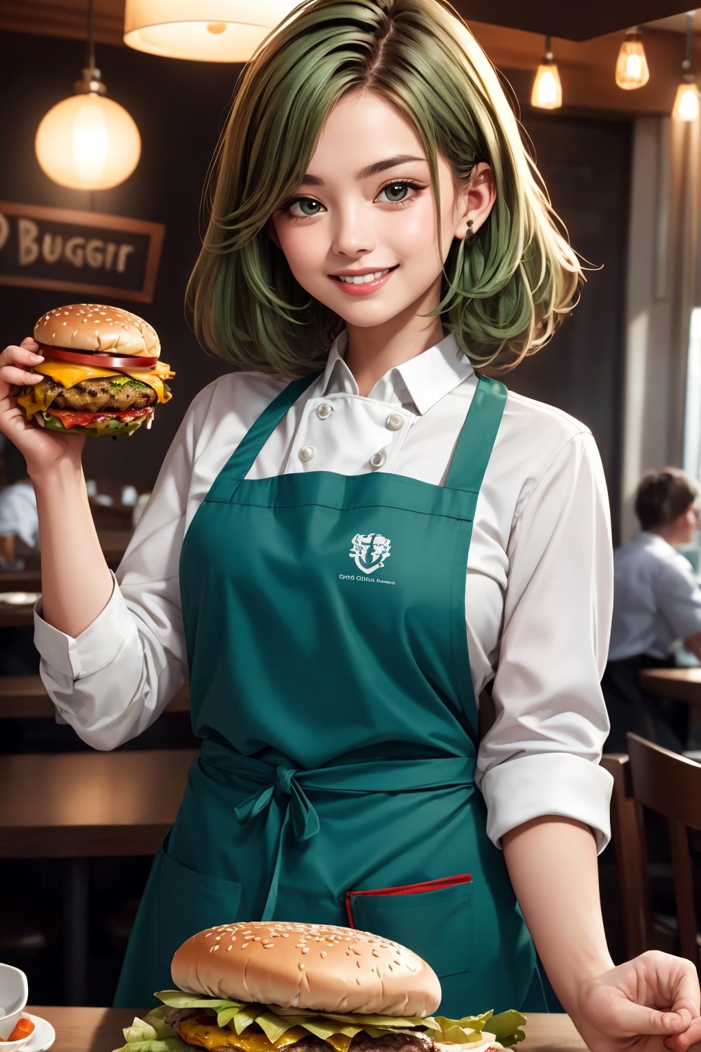 Beautiful, 4k, Masterpiece, high quality, highly detailed,Perfect Hand, green hairs, Pose details, Serving Burger, Hand on burger dish, physical detail, Happy, Smiling, Clothing, white shirt, brown apron, Place, restaurant, Character, alluring face, 