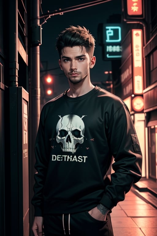 dark gothic cyberpunk BOY, defiant face, pastel colors, in clothes, GREEN medium lenght HAIRS, light yellow sweatshirt, pants, black, with red, guns hd, high detail, huoshen, TheLastOfUs, mgln, neon, gothic background
