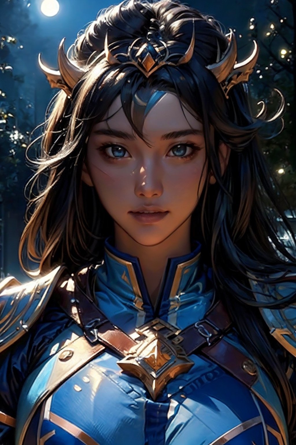 (yiyao), The moonlight shines down upon it, bringing with it swirling magical lights, the forbidden tree, blue moon, dynamic lighting, Armor, head ornaments, fantasy concept art,upper body, detailed face, detailed eyes, sharp pupils, (detailed background)