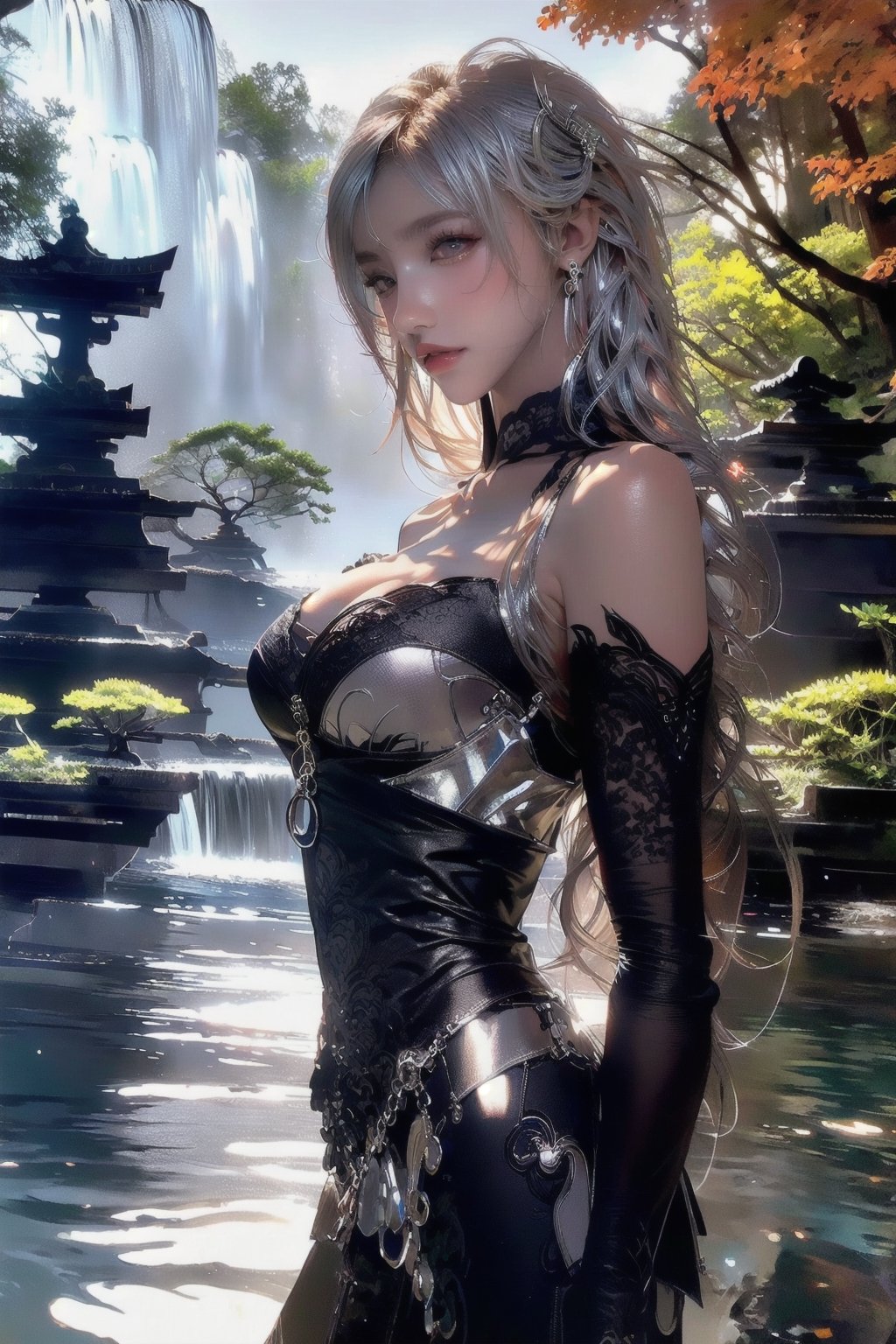 (Masterpiece, highest quality, ultra-detailed, 16K, high contrast, HDR, vibrant color, RAW photo, (photorealistic:1.2), beautiful and aesthetic), cinematic lighting, medium breasts, tall and slim body, (((Genshin Impact, Shenhe, shenhedef, long silver hair))), glowing hair, looking at the viewer, futuristic, elegant, glowing, magical, scenic, landscape, iconic, Japanese ancient streets, torii, bonsai forest, scifi, neotokyo, (yinyangtech, yinyang, water flow), midjourney, close up portrait,yiyao