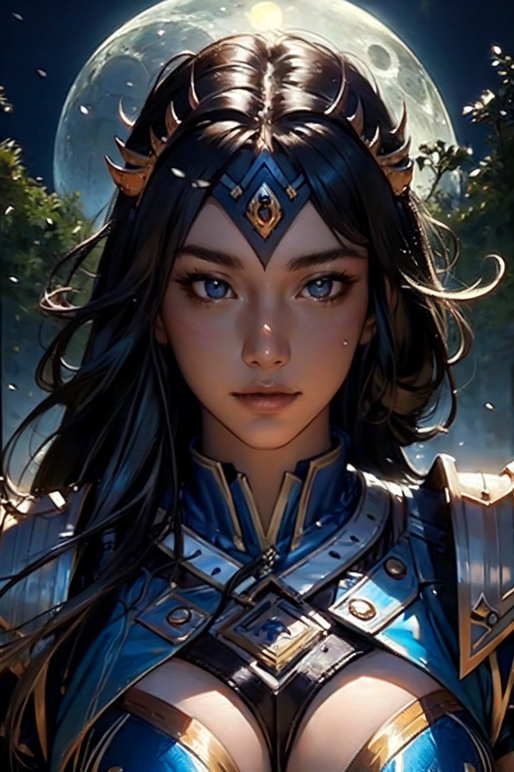 (yiyao), The moonlight shines down upon it, bringing with it swirling magical lights, the forbidden tree, blue moon, dynamic lighting, Armor, head ornaments, fantasy concept art,upper body, detailed face, detailed eyes, sharp pupils, (detailed background)