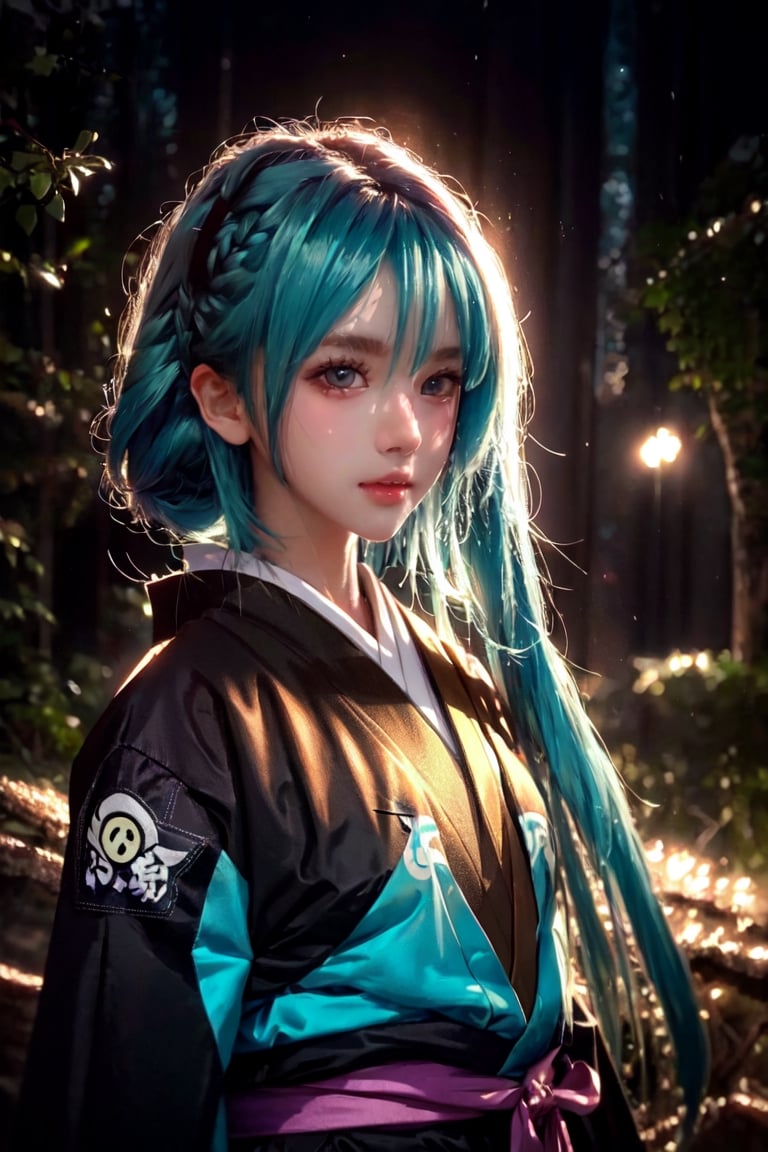 a Japanese ninja girl, long cyan fire hair, high quality, high resolution, high precision, realism, color correction, proper lighting settings, harmonious composition,yiyao