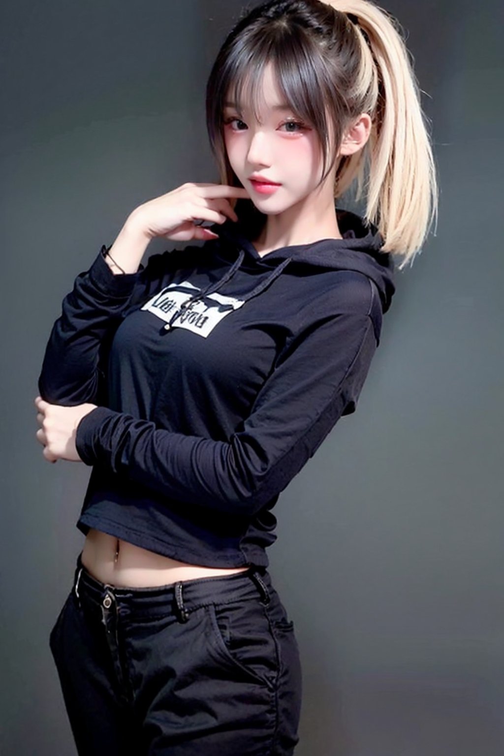 yiyao, photo of a beautiful girlfriend\(woman\) in her teens, blonde ponytail_hairstyle, 1girl, petite, perfect fingers,(black hoodie), BREAK dynamic_posing, simple white background, soft bounced lighting, (rule_of_thirds:1.3),consistent photos,(black background),1 girl,full body,longshot,black shortpants,black sneaker