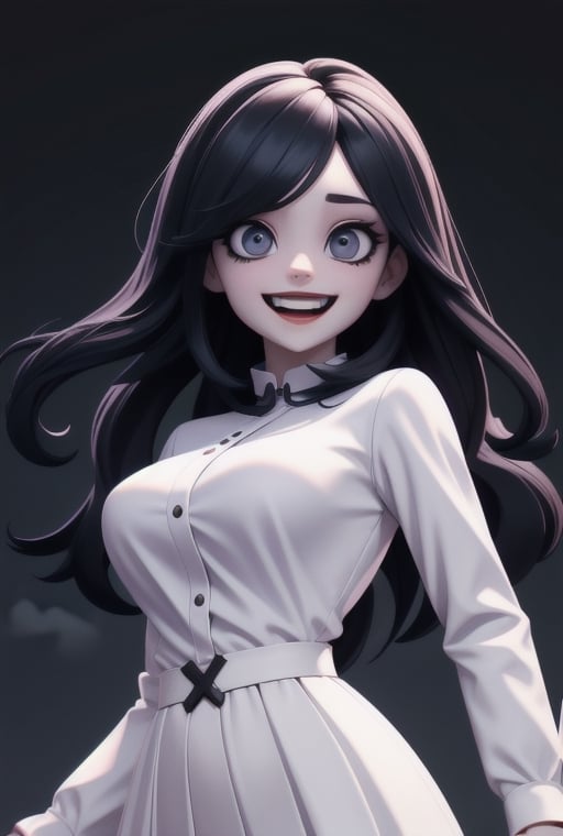 Claudia1girl, White long shirt, white long skirt, long hair, long, stringy black hair, flying hair, pale skin, weird eyes, bloods in her eyes,    black eyes, crazy smile, a terrifying face.(Claudia from GOHOME horror Game),<lora:659111690174031528:1.0>