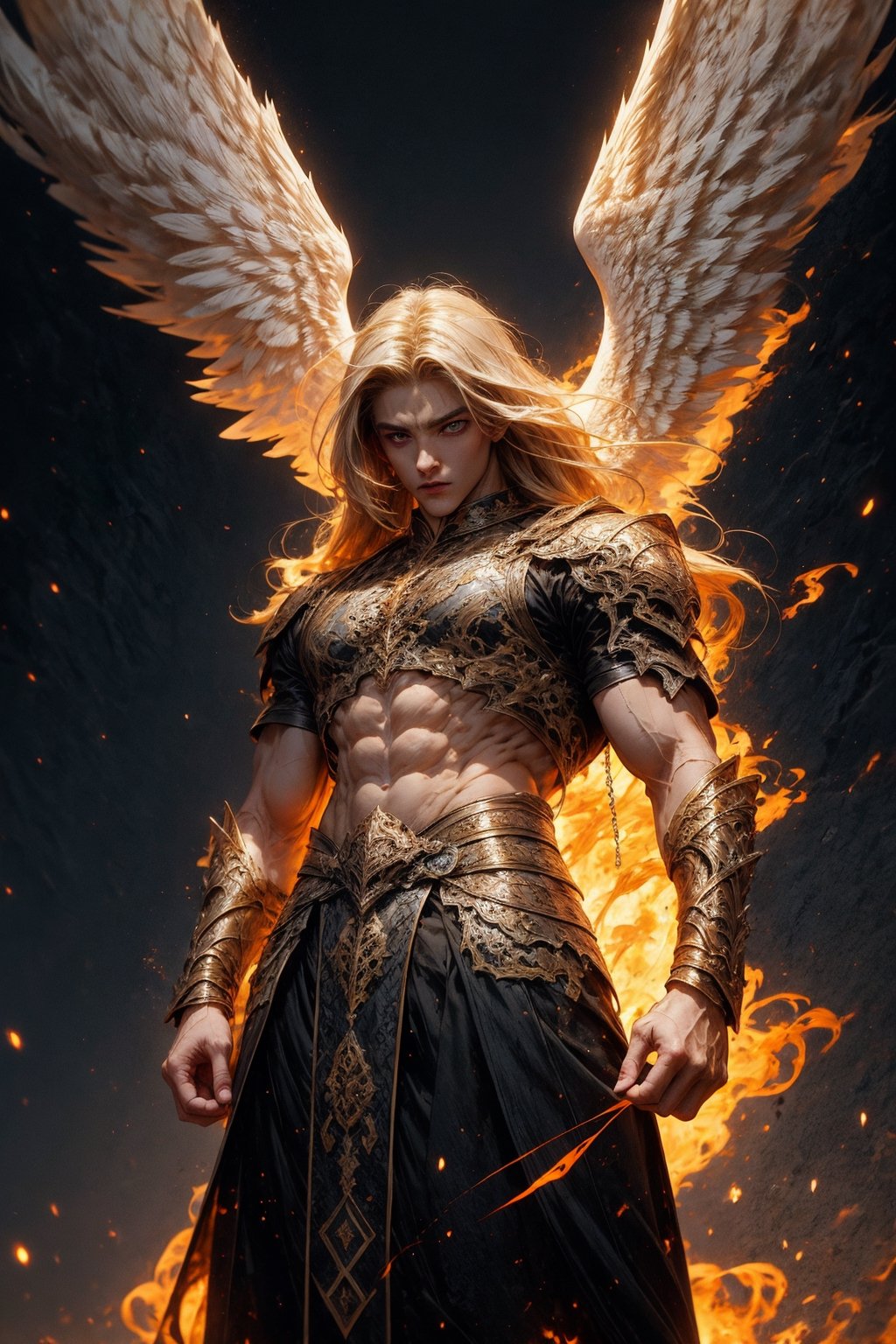 High quality, masterpiece, 1boy, solo_male, 15 year old man, very hot, white skin, long blond hair, incandescent almond eyes, Marked abs, muscles, wide shoulders, strong arms, dark fantasy landscape,Style ,Fantasy,midjourney,r1ge,Angel