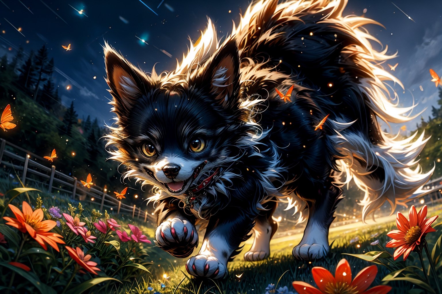 High quality, masterpiece, a dog chasing a group of fireflies across a plain full of wildflowers