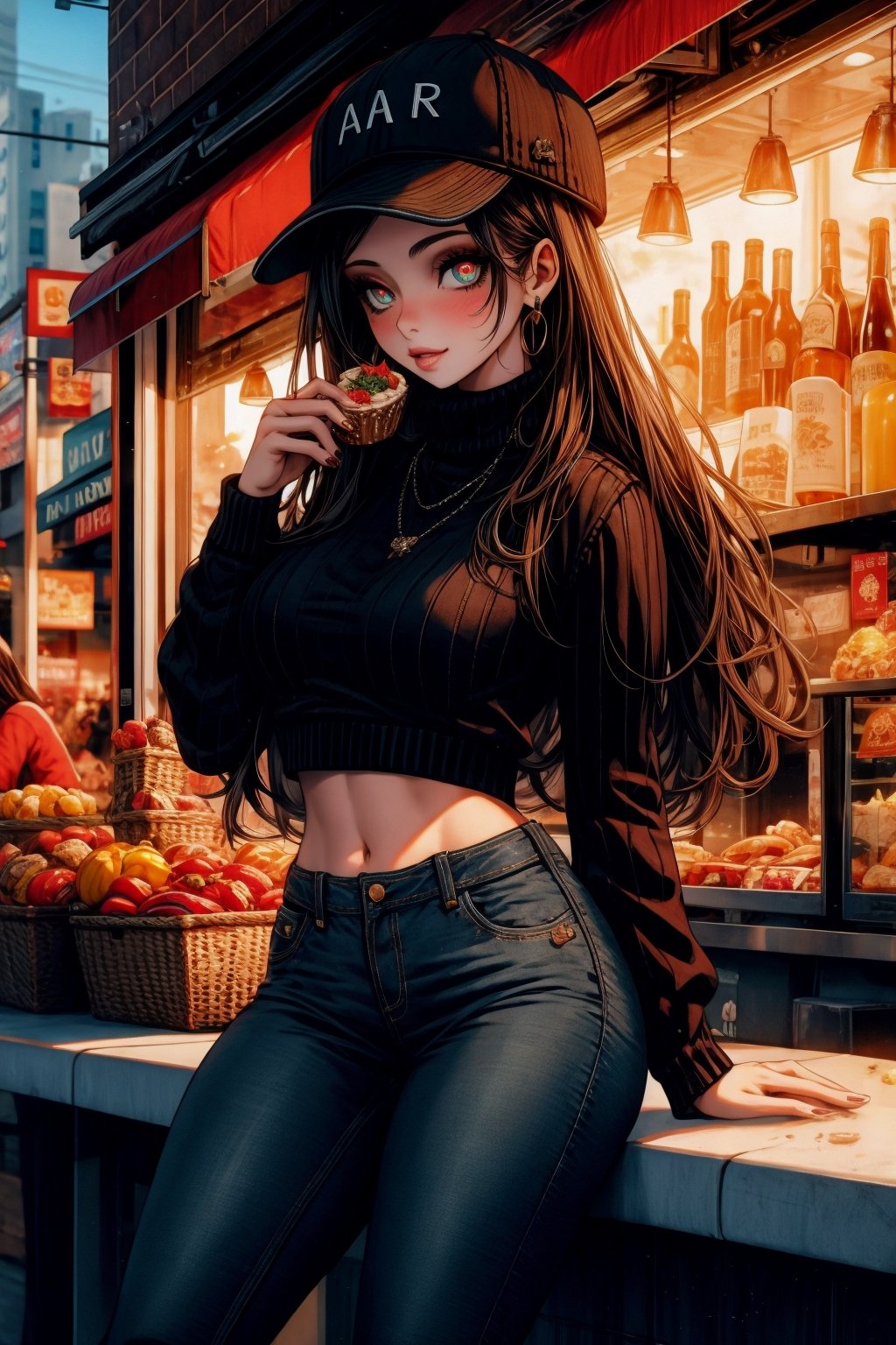 High quality, masterpiece, 1girl, shiny long brown hair, brigth red pupils, wool sweater that shows the navel, jeans with patches, boots, hat, being in the middle of a food street