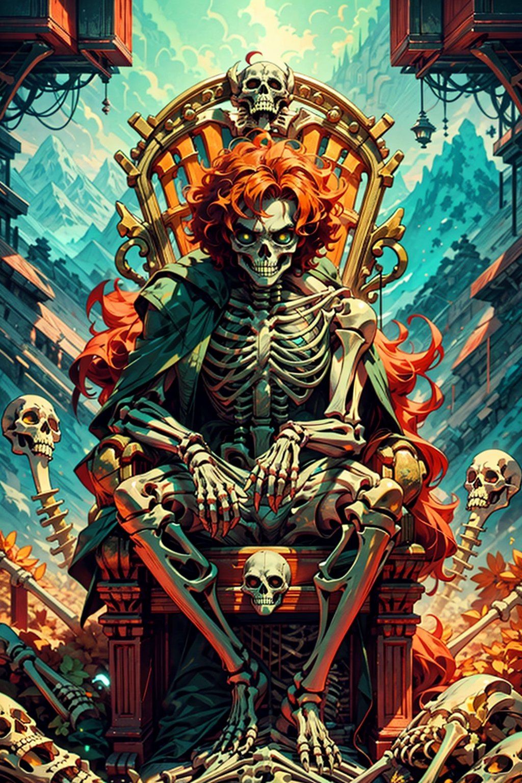High quality, masterpiece, 1 boy, sole male, shiny curly orange hair, green_irises, skeletonknight, sitting on a throne of bones and with a mountain of treasures at his sides,glowing skeleton