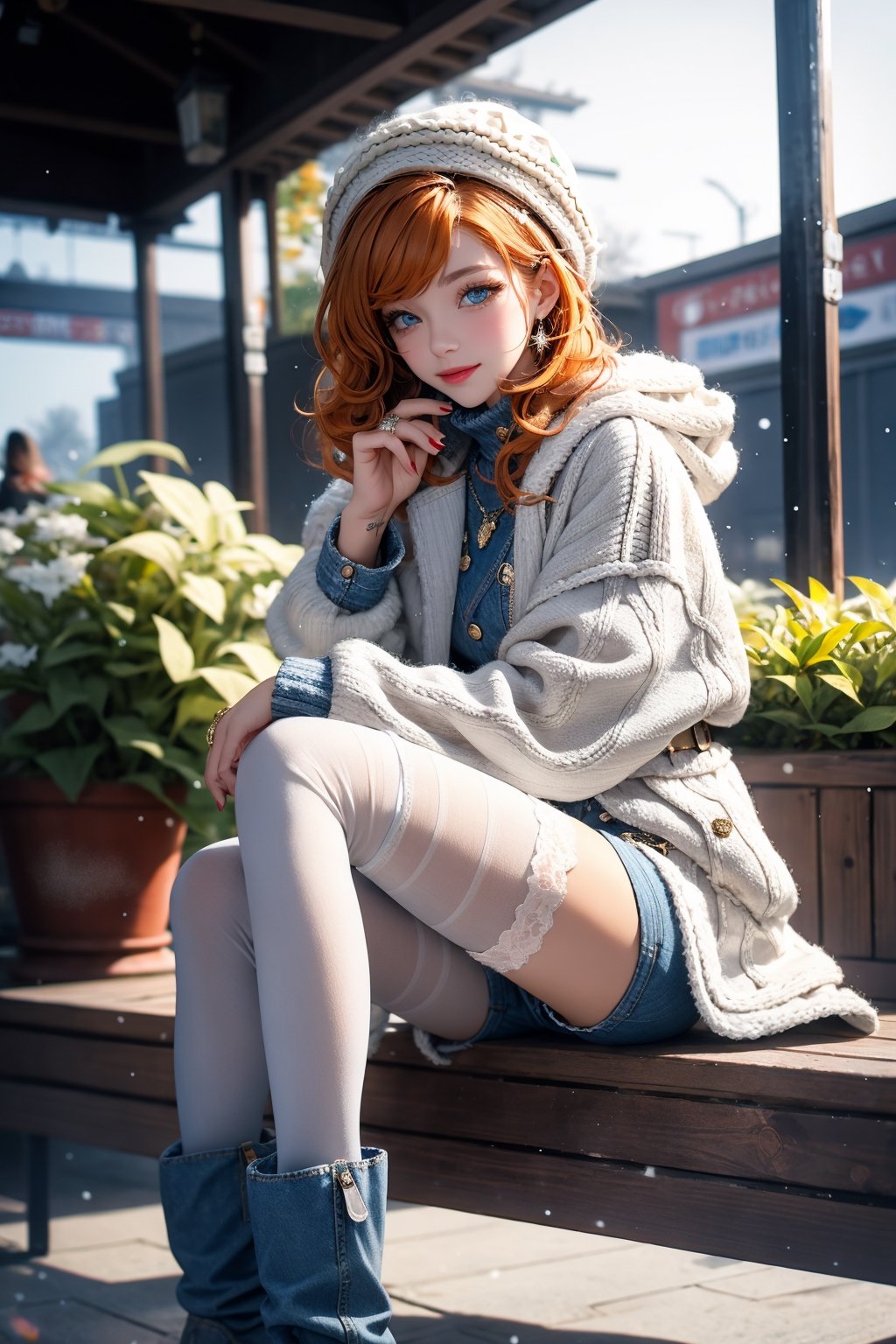 High quality, masterpiece, 1girl, sole_female, shiny short curly orange hair, dazzling blue eyes, white winter coat, a wool hat, denim shorts, pantyhose, ankle boots, white winter coat, a wool hat, denim shorts, pantyhose, ankle boots, sitting in a terrace garden illuminated by a series of small lights