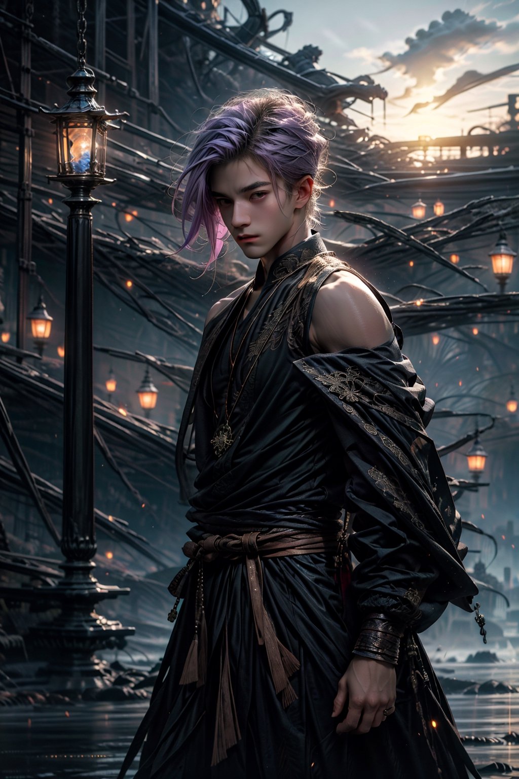 High quality, masterpiece, 1boy, solo_male, 15 year old man, very hot, white skin, long ligth_purple hair, incandescent almond eyes, Marked abs, muscles, wide shoulders, strong arms, dark fantasy landscape,Style ,Fantasy,jianxian,midjourney