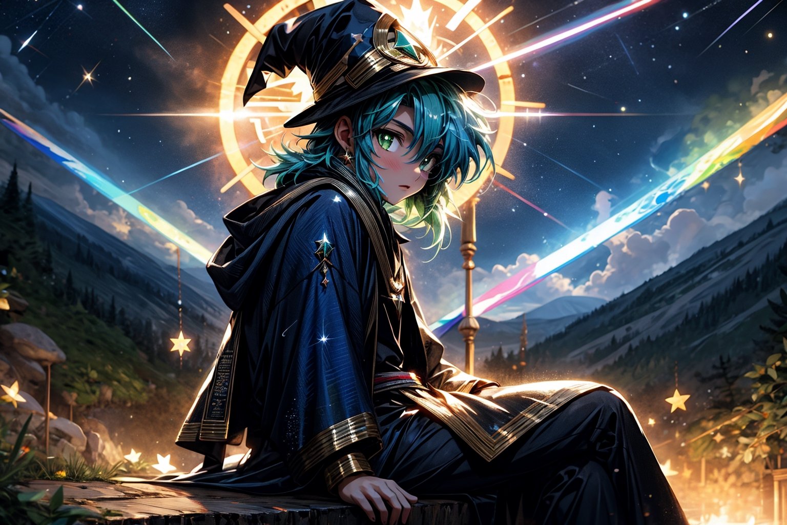 High quality, masterpiece, rayearth, 1 boy, sole male, shiny ligth blue hair, bright green pupils, classic wizard robe, wizard hat, sitting and observing a star showers in the distance