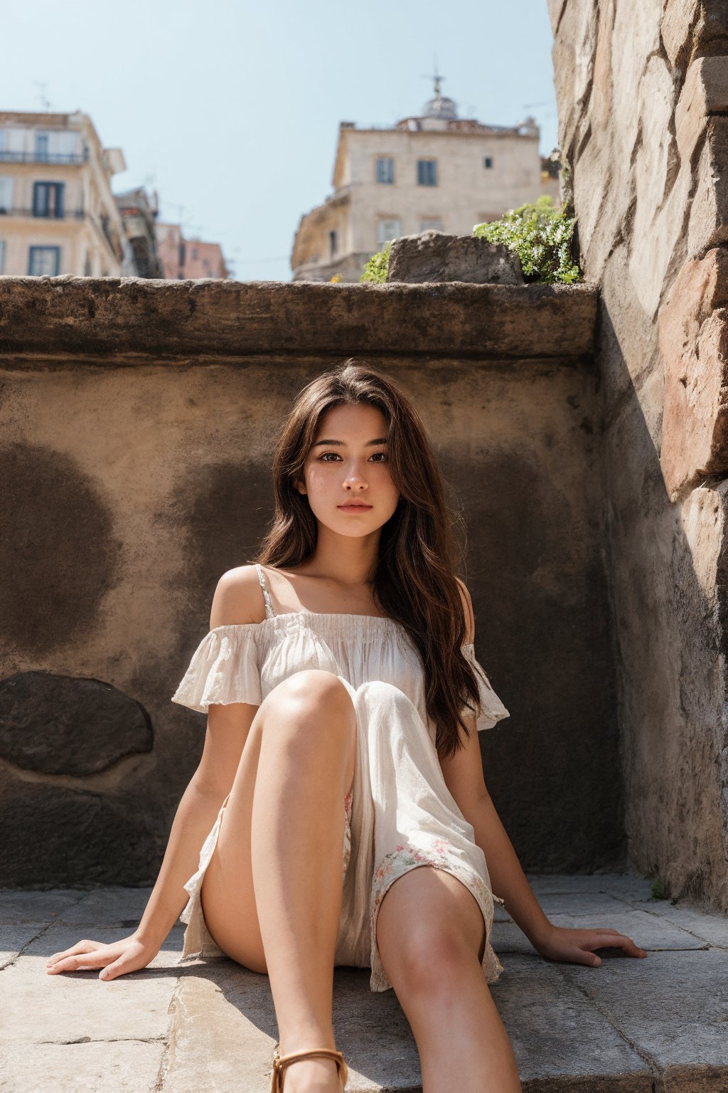 Create a serene scene depicting a beautiful 18-year-old girl sitting confidently with her legs open, gazing straight ahead amidst the charming backdrop of an old European city. Her stunning face, considered a masterpiece, is framed by the peeling paint walls and ornate wooden doorframes. The soft sepia tones add warmth to the atmosphere as she wears her dress seductively, with the shoulder strap hanging casually. Capture the carefree spirit emanating from her position on sun-kissed cobblestones, subtly incorporating ancient Roman elements into the composition.