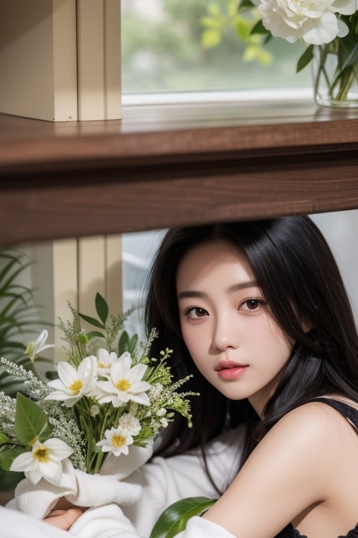 1girl, solo, long hair, looking at viewer, shirt, black hair, long sleeves, holding, sitting, upper body, flower, indoors, black eyes, lips, realistic, holding flower,Korean,Bomi,1 girl 