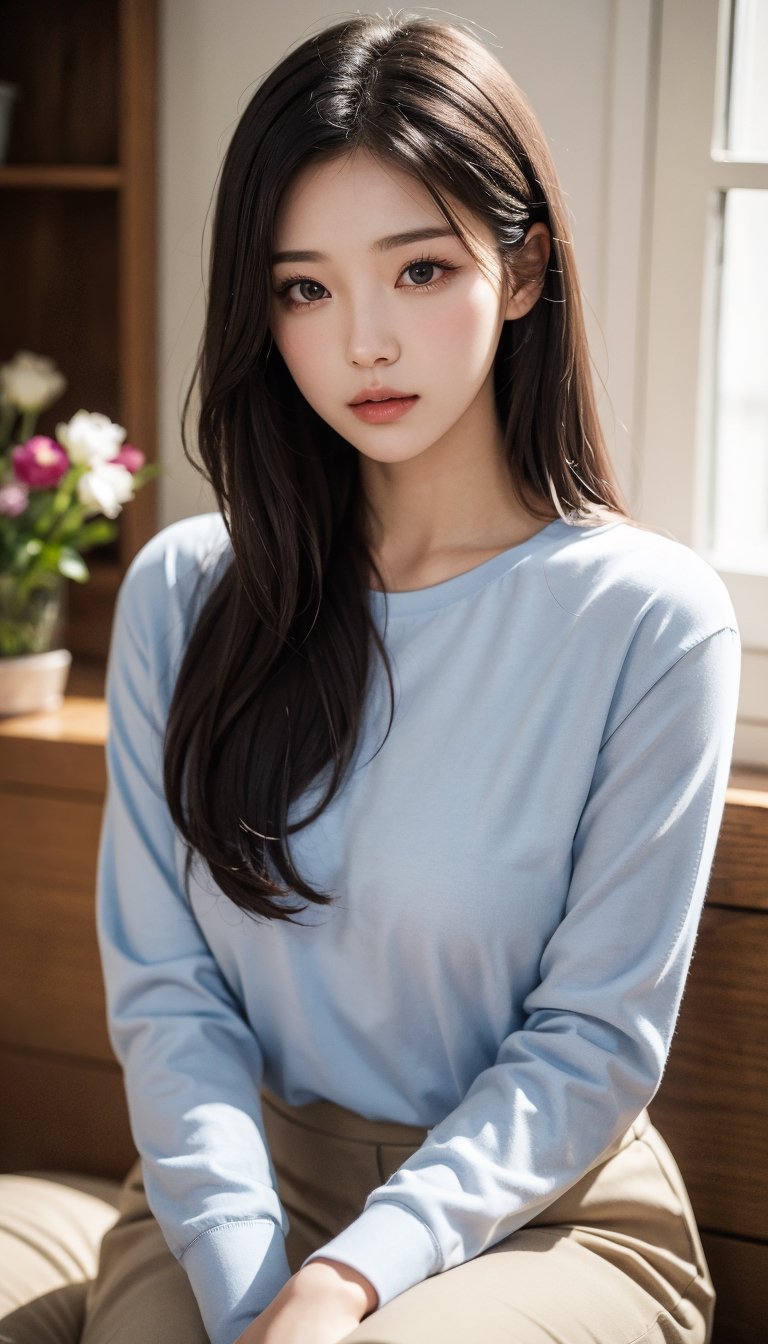 1girl, solo, long hair, looking at viewer, shirt, black hair, long sleeves, holding, sitting, upper body, flower, indoors, black eyes, lips, realistic, holding flower,Korean,FilmGirl