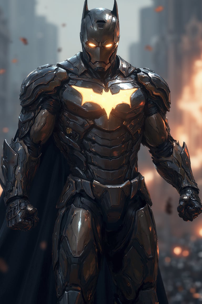 Image of (Batman) inspired Ironman armour, glowing bat symbol on chest, throwing punch, action pose, dynamic pose, aesthetic detailed, ultra high texture details, vector art illustration, semi realistic, 16K UHD, masterpiece, best image, best quality, ultra wide angle image, full body image, ultra high texture details.