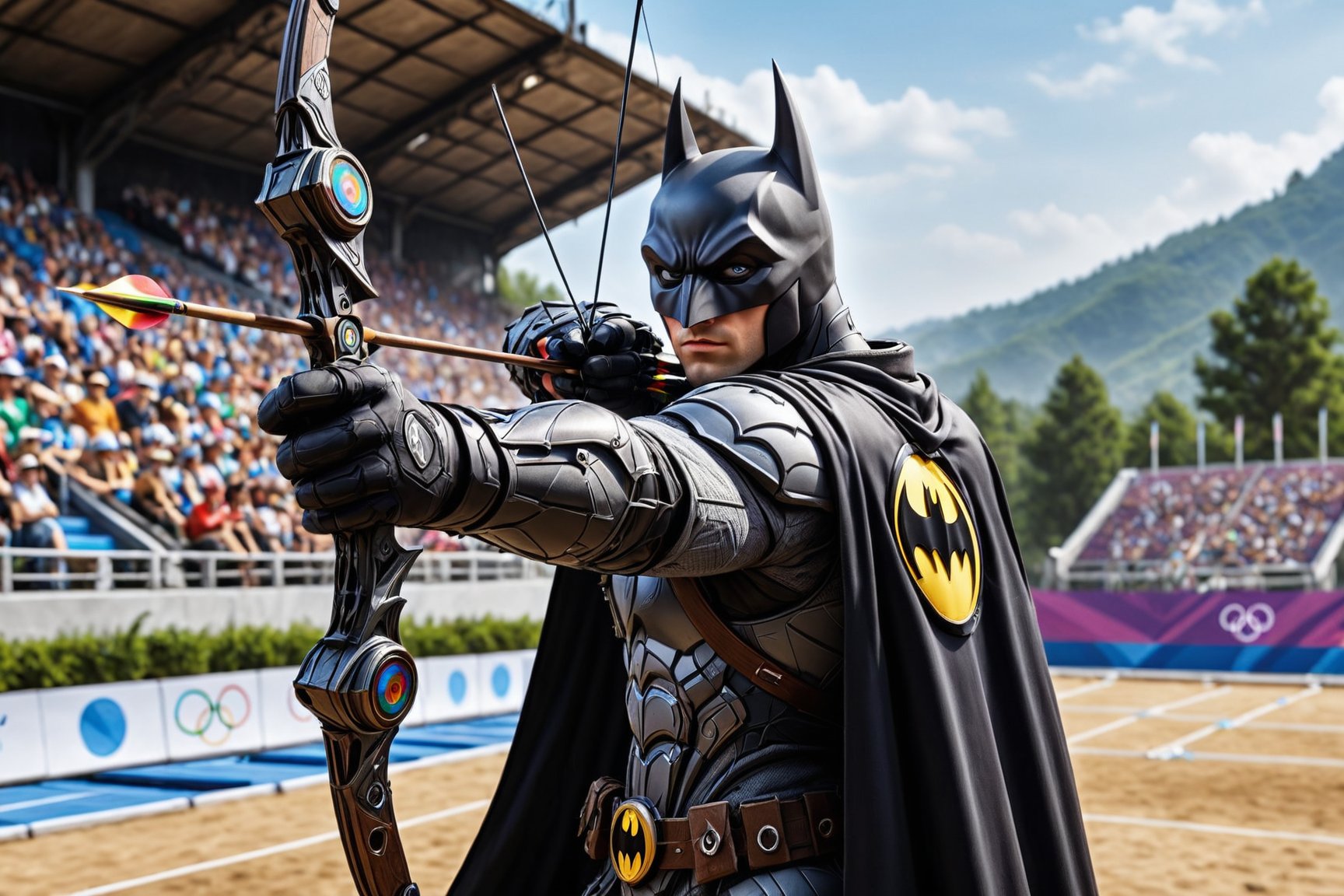 Photo of Batman participating in Olympics, Olympics logo, archery competition, he is Aiming a bow, holding arrow, (looking at the target) placed in distance. Archery range, (arena), audience. Solo male. Dynamic pose. (Detailed bow, arrow and bow string). Detailed face and eyes, detailed hands and fingers, detailed background. Best quality, best image, masterpiece, 16K UHD, full body view, ultra wide range lens