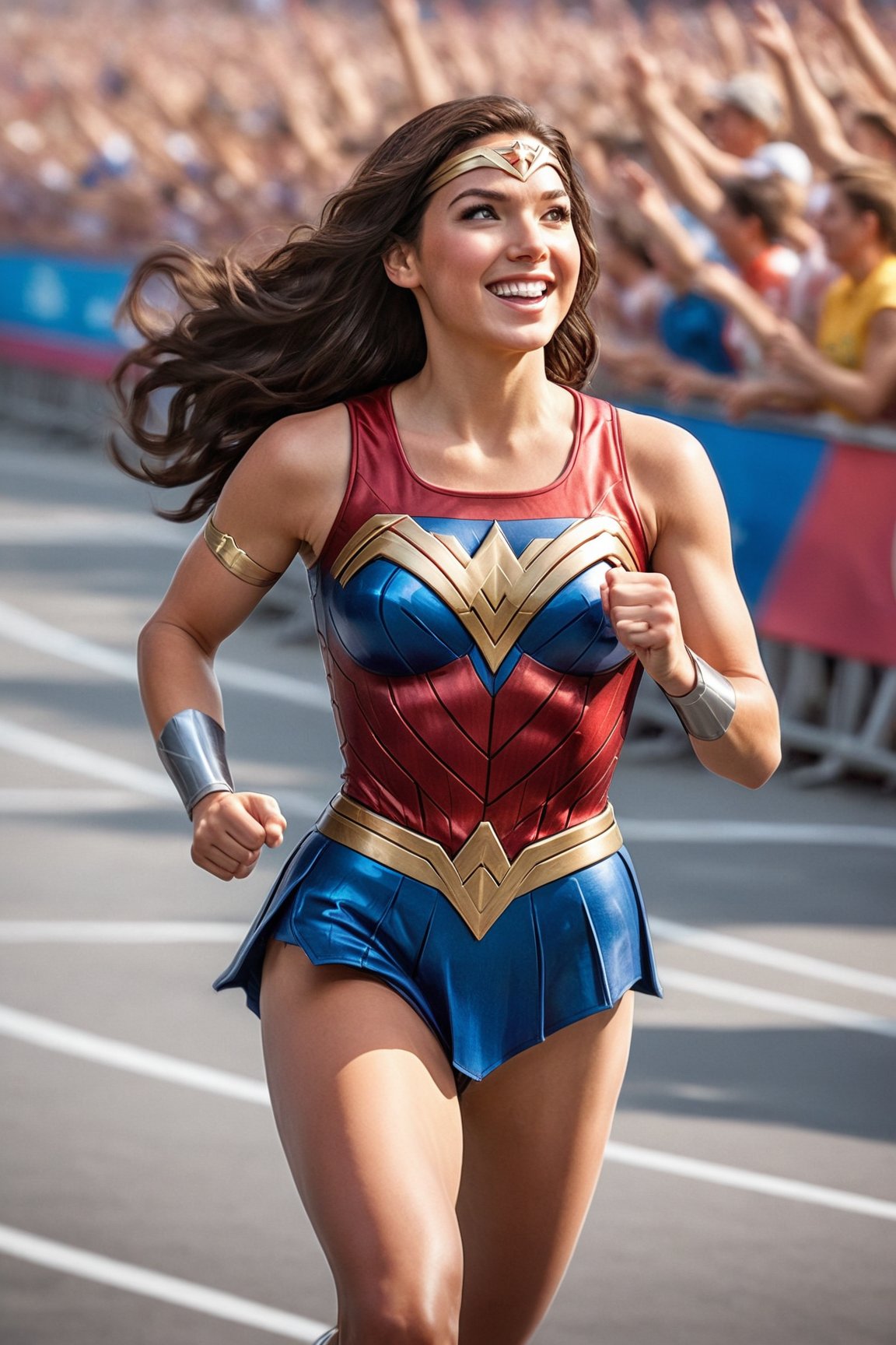 Photo of wonder woman participating in Olympic games, Olympics logo, marathon competition, multiple participants running along with her behind, arena, audience, encouraging smile. Dynamic running pose. Detailed face and eyes, detailed hands and fingers, detailed background. Best quality, best image, masterpiece, 16K UHD, full body view, extreme long shot 