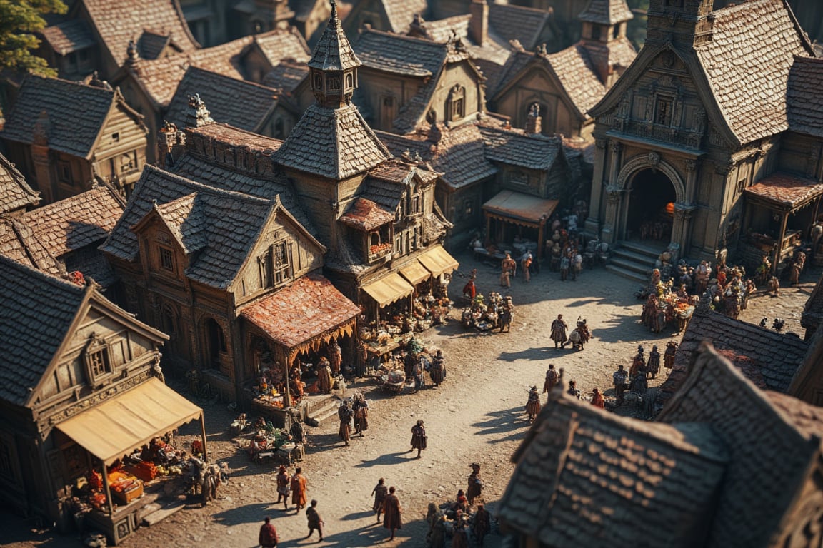 Mediaeval fantasy world, market place, city center filled with lively beings, various races, RPG style, bulidings, cinematic scene, isometric view, hyper detailed, ((best image)), ((best quality)), ((masterpiece:1.2)), 8K UHD