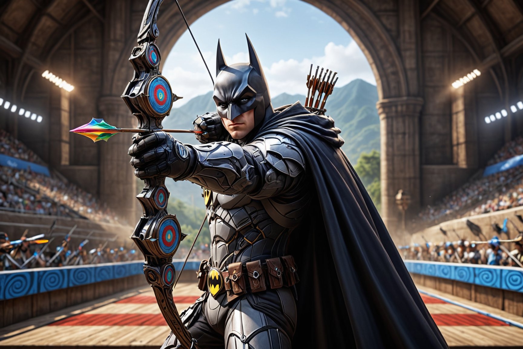 Photo of Batman participating in Olympics, Olympics logo, archery competition, he is Aiming a bow, holding arrow, (looking at the target) placed in distance. Archery range, (arena), audience. Solo male. Dynamic pose. (Detailed bow, arrow and bow string). Detailed face and eyes, detailed hands and fingers, detailed background. Best quality, best image, masterpiece, 16K UHD, full body view, ultra wide range lens