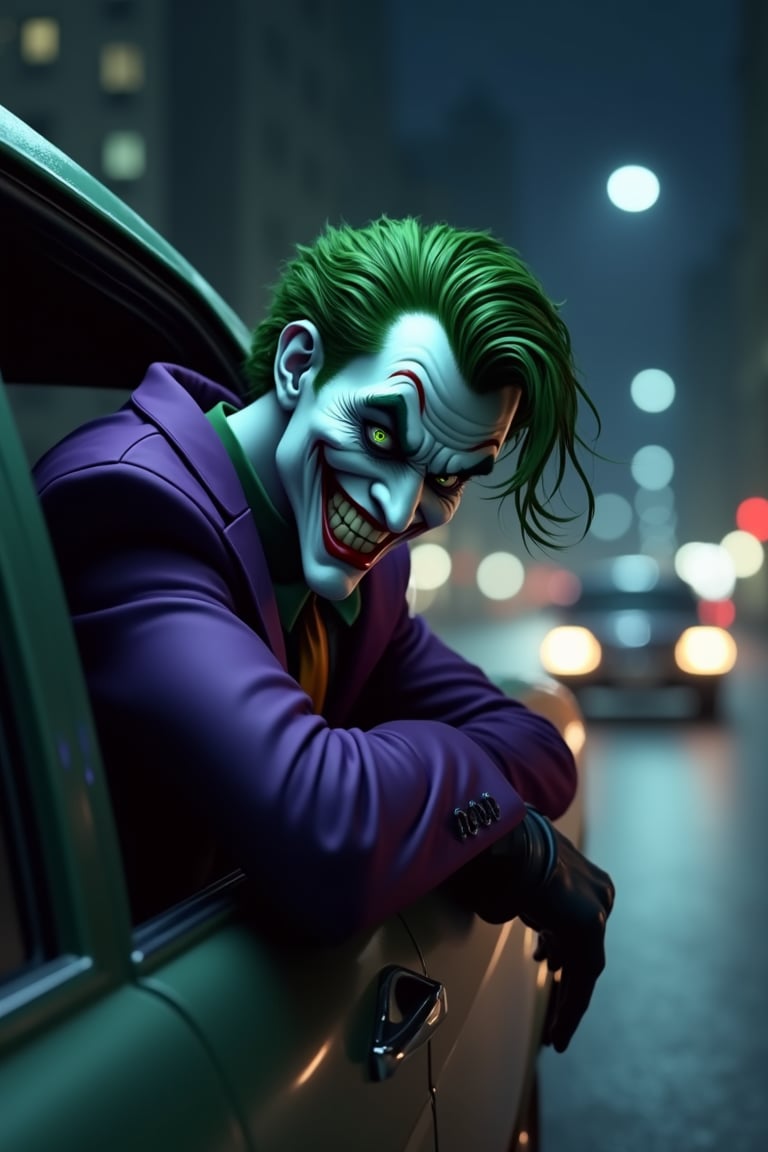 Portrait of The Joker, body poking out of a car window, action scene, purple suit, green hair, pale white skin, (glowing green pupils), creep smile, teeths, road, blur, moving car, Gotham City night background, DCAU Style, realistic cartoon, cinematic scene shot, dramatic, dark lighting, deep contrast, made dark wallpaper, hyper detailed, 16K UHD, ultra high resolution, unreal engine. Side view