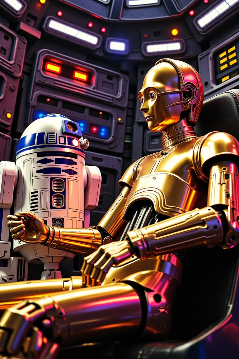 Iconic Image of R2 and C3PO from Star Wars, inside millenium Falcon, dynamic angle, cinematic scene, aesthetic detailed, Vivid colours, HDR 10+, ultra high texture details, ((realistic texture)), 16K UHD, masterpiece, best image, best quality, full body image.