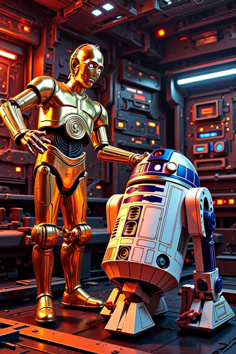 Iconic Image of R2 and C3PO from Star Wars, inside millenium Falcon, dynamic angle, cinematic scene, aesthetic detailed, Vivid colours, HDR 10+, ultra high texture details, ((realistic texture)), 16K UHD, masterpiece, best image, best quality, full body image.