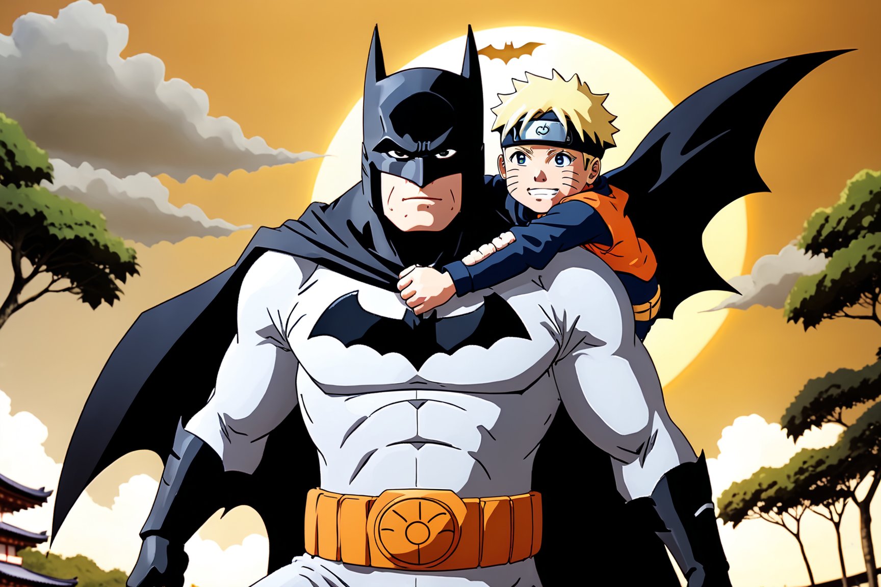 2boys, Photo of adult Batman and young Naruto, Batman is carrying Naruto on his shoulders, happiness, school background, (detailed batman), (detailed Naruto) best image, best quality, masterpiece, detailed, best character design, 16K UHD,more detail XL