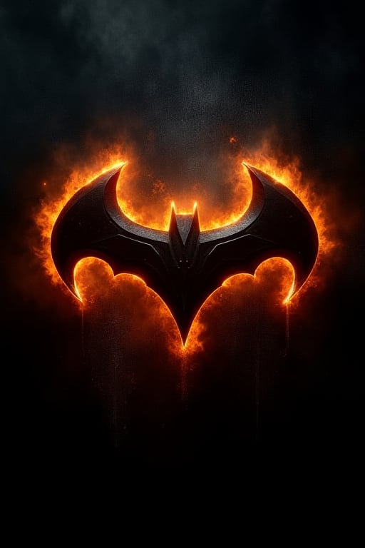 Create a Logo of Bat symbol, with edge glow with orange colour, and with batmobile in background, dark wallpaper, detailed information, best quality, best image, masterpiece.