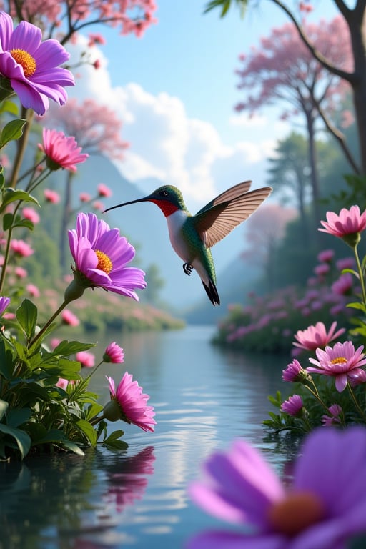 Photo realistic image of a (humming bird) drinking honey from a long tubular purple flower, in a magical forest, flowers, beautiful trees and shrubs, river side, blue sky, clouds, Masterpiece, best image, best quality, ultra wide angle shot, 16K UHD. Realistic, surreal. unreal engine 5, Nvidia Ray tracing. (((TXAA)))