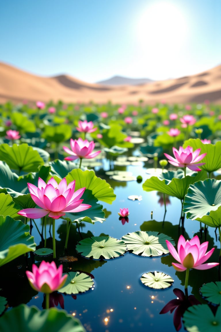 A Beautiful (Lotus pond) in the midst of a (Desert), multiple Lotus flowers, the shot showcasing delicate details of the lotus petals and leaves. Water reflects the sun and the blue sky clearly. Sand Dunes. Leaves floating on the water surface, (Leaves should not be taller than the flowers)), Masterpiece, best image, best quality, 8K UHD. Ultra wide angle shot.