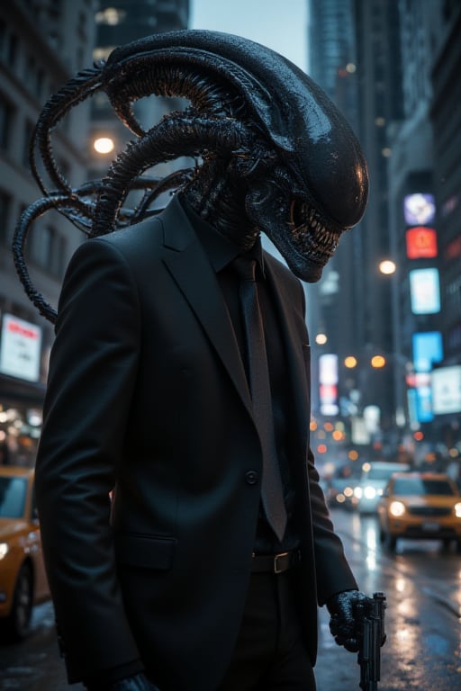 Award winning 3d cinematic re-imagination of a xenomorph grey alien as John Wick, wearing a (black suit), holding hand gun with his hands, modern art, cinematic lighting, night city background, side view, extreme detailed, intricate details, ((best image best image, masterpiece)), 8K UHD, full frame.