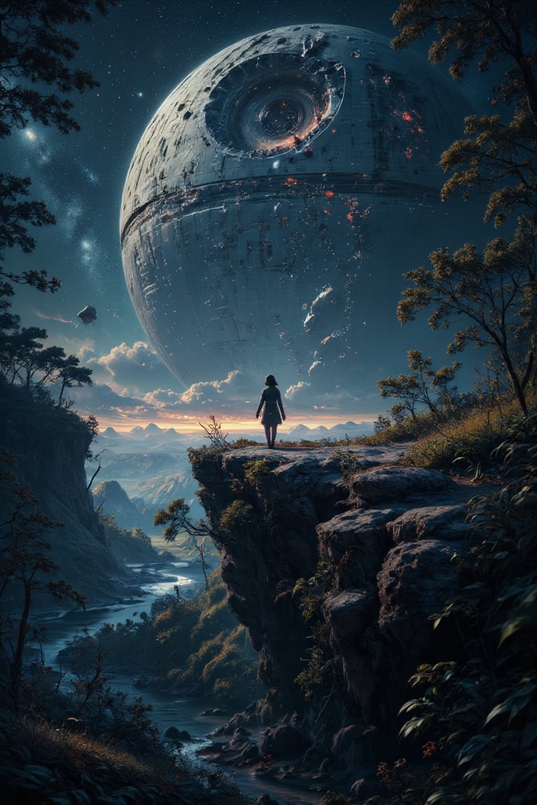 Ultra High quality image of (Rey Skywalker) walking alone, abandoned and stranded on clif and with ((distant view) of milky way in the night sky), (half destroyed death star), dystopian, dramatic lighting, perfect image for Mobile wallpaper, 16K, UHD, ((masterpiece)), ((best quality)), full image size, ((greatest of all time))