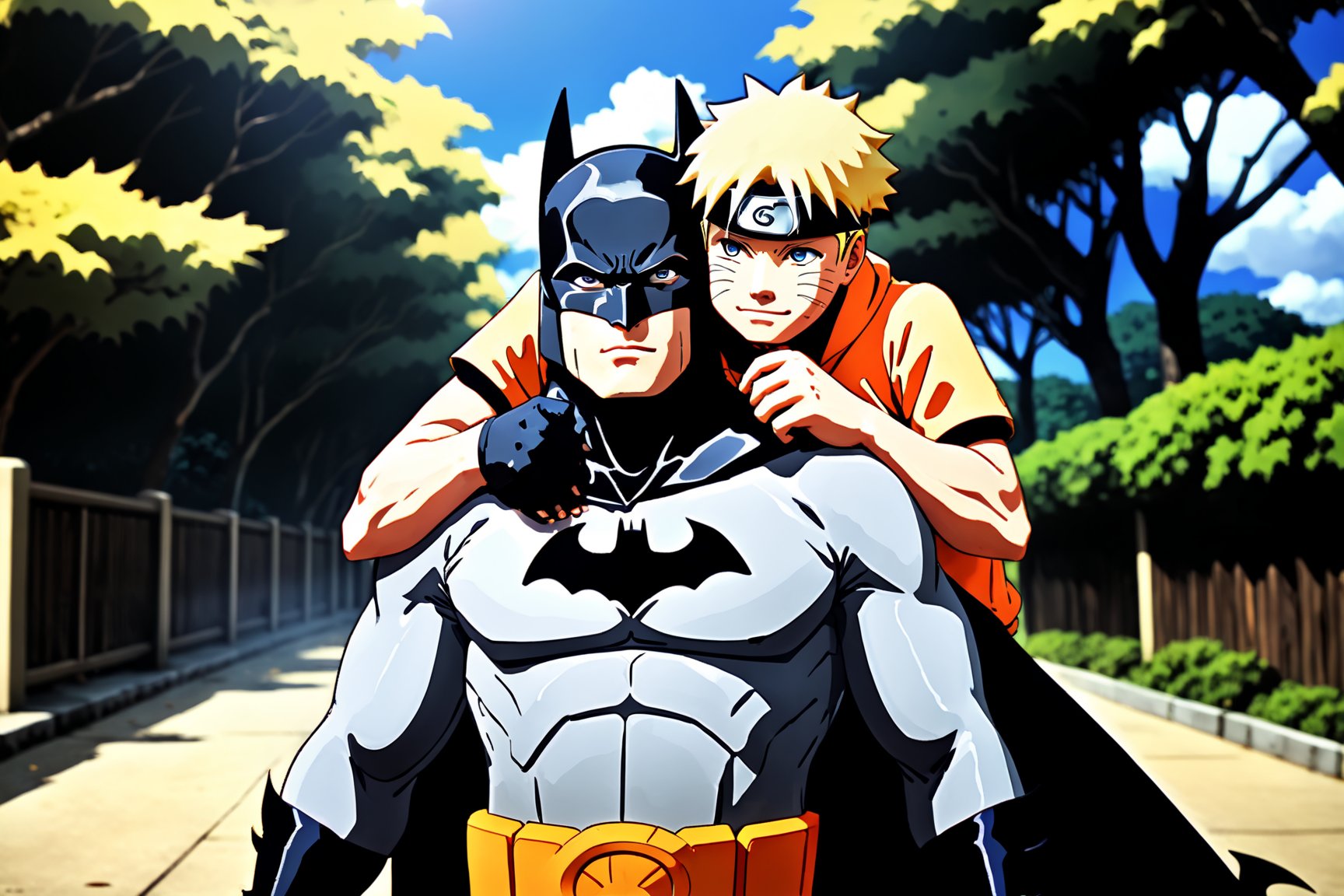 2boys, Photo of adult Batman and young Naruto, Batman is carrying Naruto on his shoulders, happiness, school background, (detailed batman), (detailed Naruto) best image, best quality, masterpiece, detailed, best character design, 16K UHD