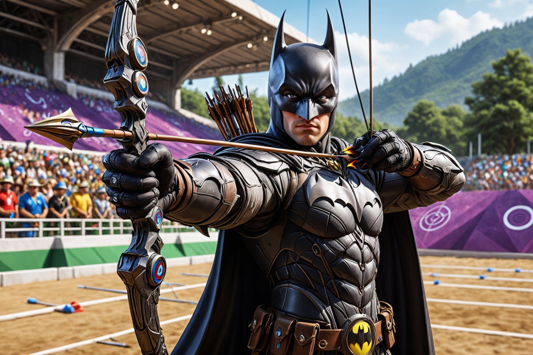 Photo of Batman participating in Olympics, Olympics logo, archery competition, he is Aiming a bow, holding arrow, (looking at the target) placed in distance. Archery range, (arena), audience. Solo male. Dynamic pose. (Detailed bow, arrow and bow string). Detailed face and eyes, detailed hands and fingers, detailed background. Best quality, best image, masterpiece, 16K UHD, full body view, ultra wide range lens